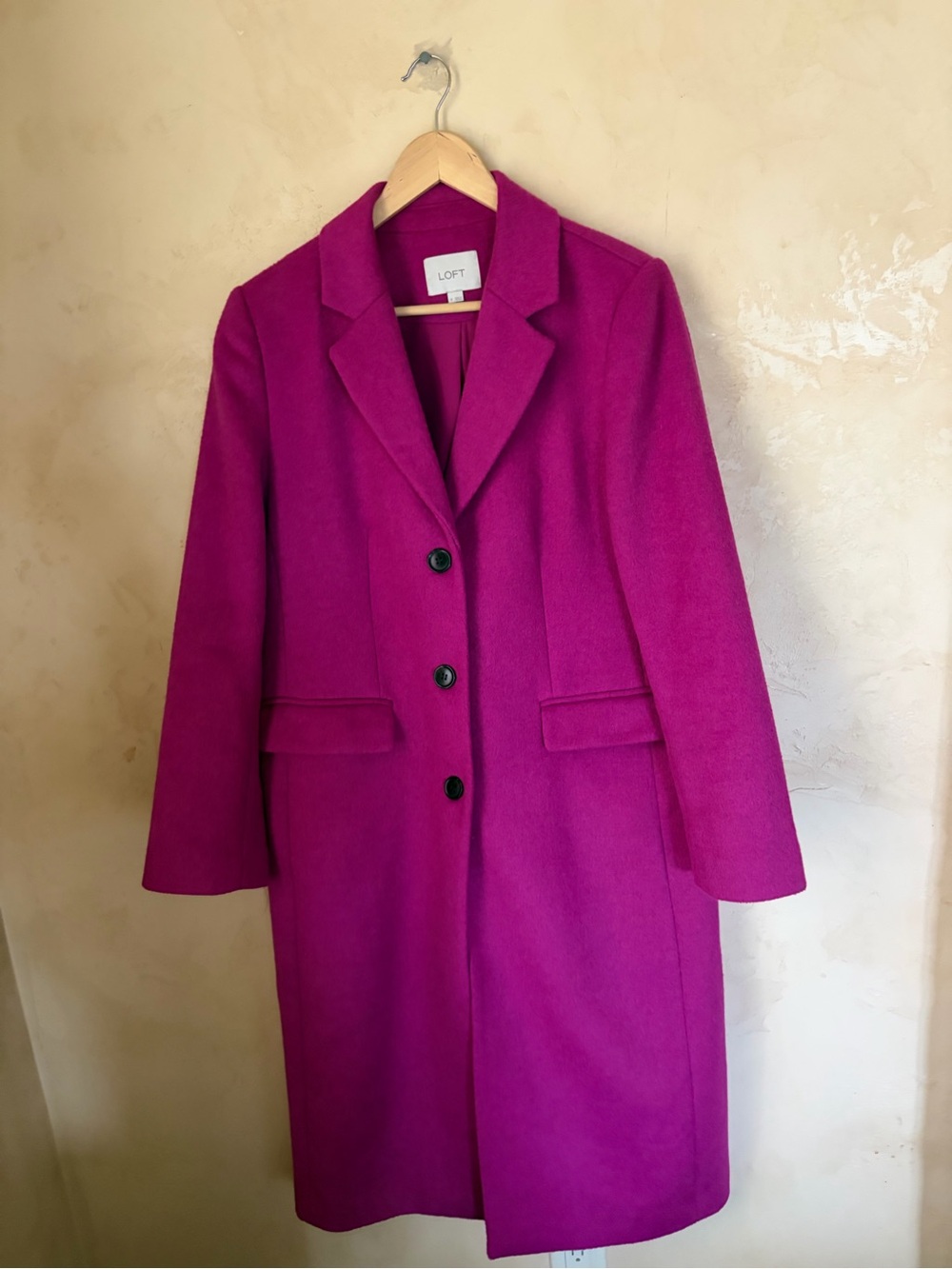 LOFT Bright Fuchsia Single-Breasted Wool-Blend Trench Coat